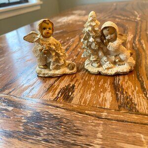 Vintage Hand-Painted Angel Figurines With Christmas Trees & Gold Accents - Set O